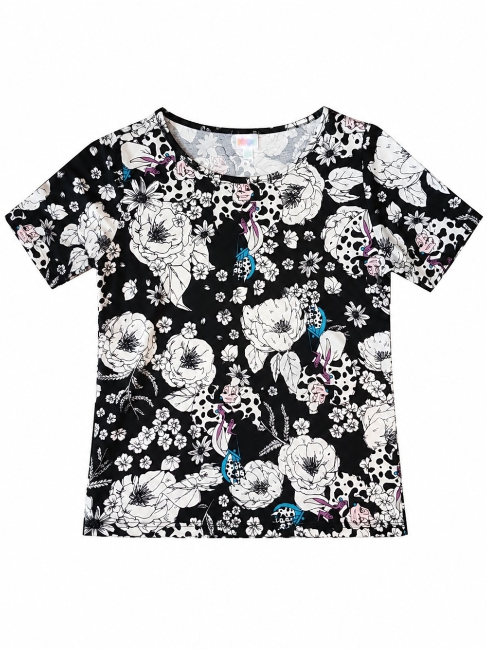 Women Disney Cruella Lularoe Black Floral Print Short Sleeve Top 2x